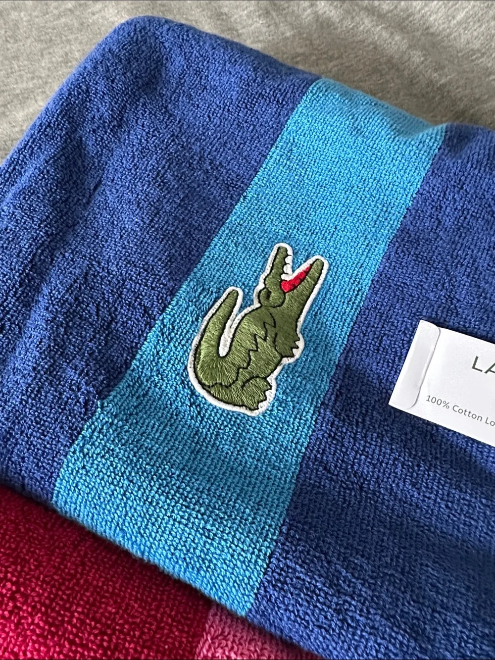 Lacoste Colorblock Towels in Blue and Pink